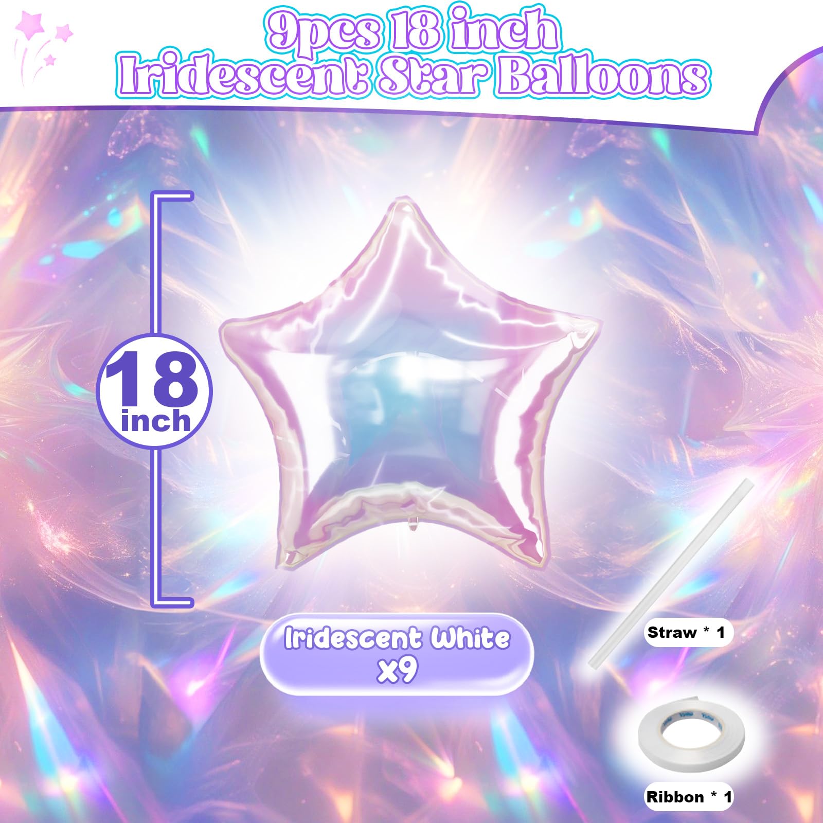 TAOYE Iridescent Star Balloons 18in – 9pc Gradient Crystal Foil Stars for Party Decor