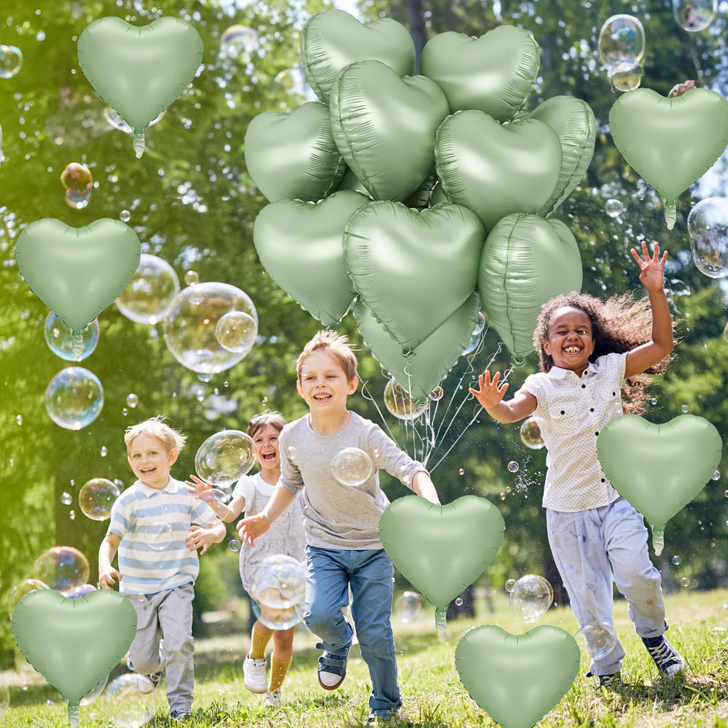 TAOYE Sage Green Heart Foil Balloons — 10-Pack Olive/Light Green Mylar Balloons for Parties