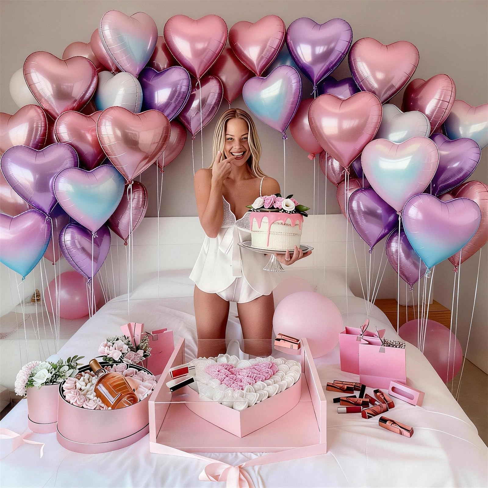 TAOYE Pink Purple Iridescent Heart Balloons – 12-Piece Pastel Foil Hearts for Party Decor