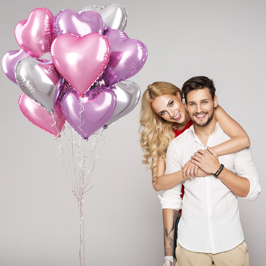 TAOYE Pink Purple Heart Foil Balloons 18in - 12ct for Birthday, Wedding, Valentines