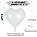 TAOYE White Heart Foil Balloons 18 Inch – 12 Pack for Weddings, Birthdays, Baby Showers