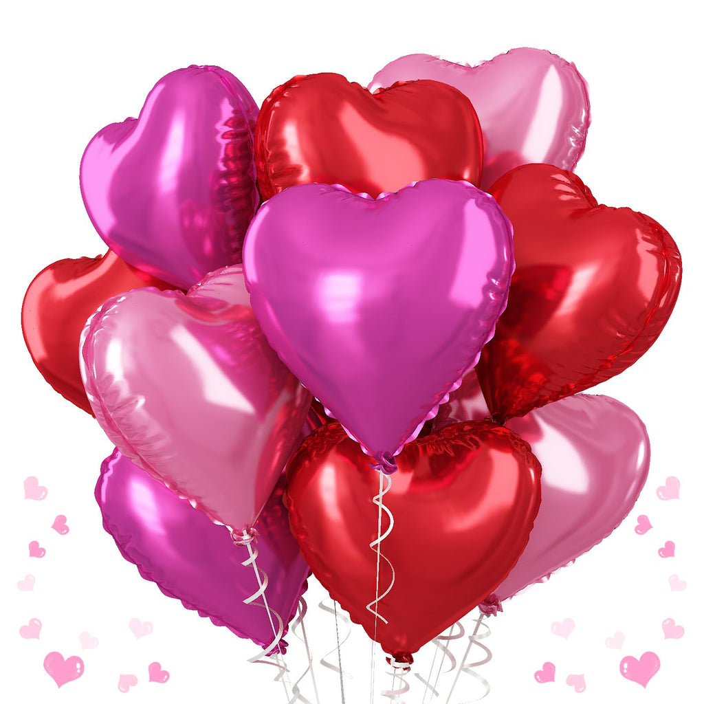 TAOYE Hot Pink Foil Heart Balloons – 12pc 18" Mylar Hearts for Birthdays, Weddings & Valentine Decor