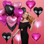TAOYE Pink & Black Heart Foil Balloons – 12 Pack, 18in Hearts for Parties