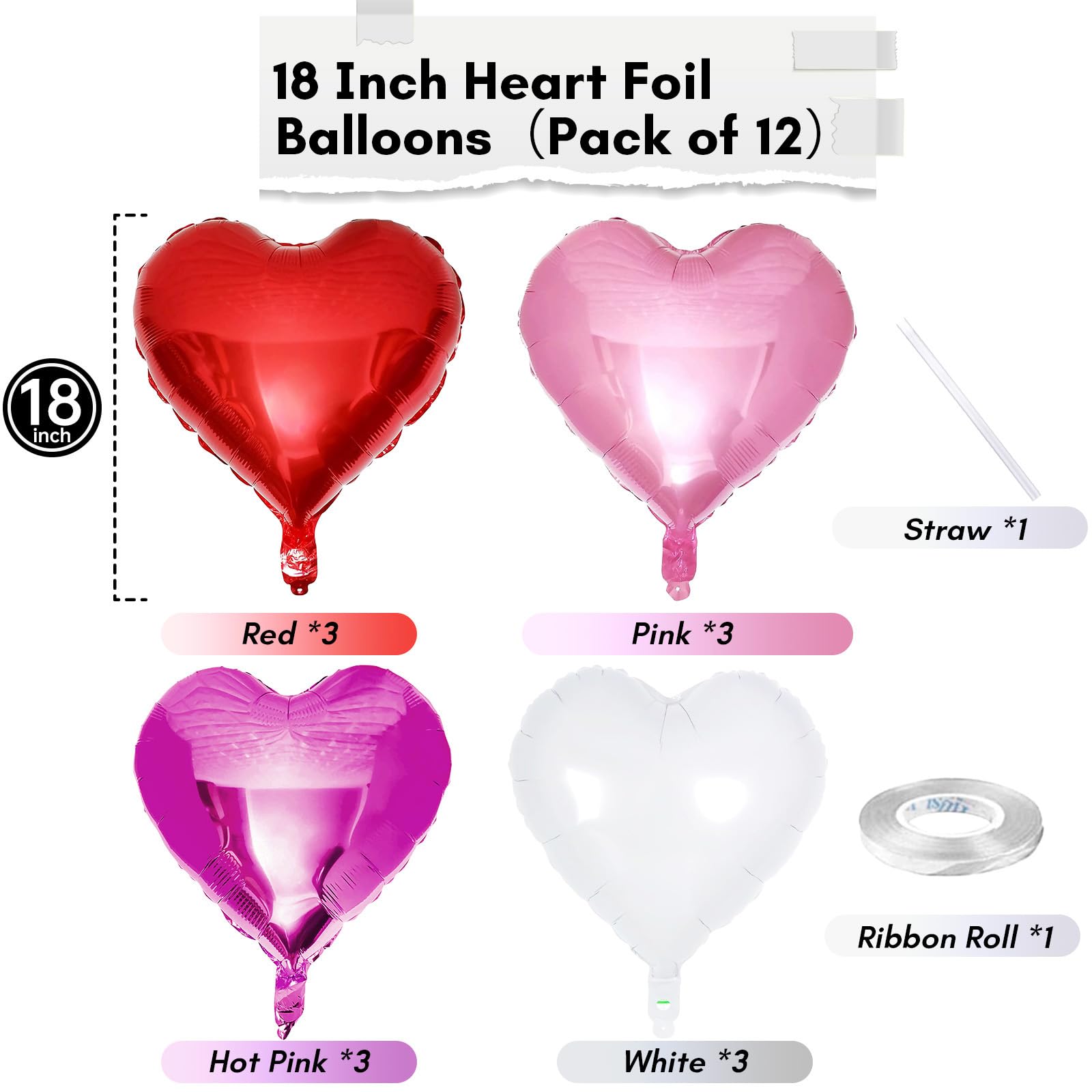 TAOYE Red Pink Heart Balloons, 18 Inch – 12 Pack Mylar Heart Foil Balloons for Birthday, Wedding, Valentine