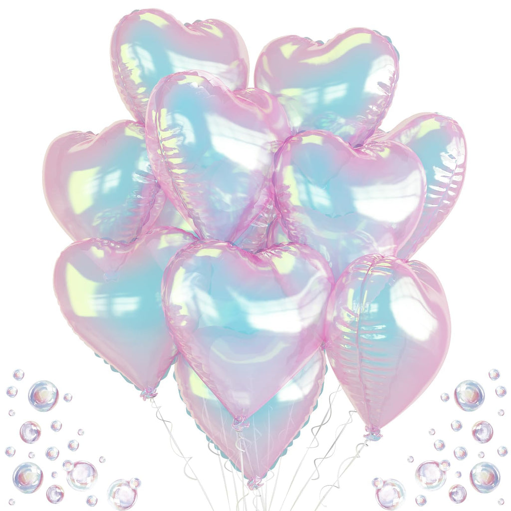 TAOYE Iridescent Heart Balloons — 9pc 18in Transparent Rainbow Heart Foil Balloons