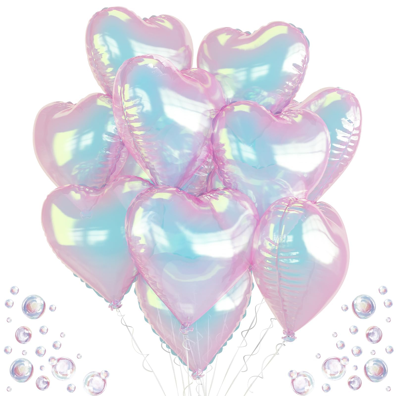 TAOYE Iridescent Heart Balloons — 9pc 18in Transparent Rainbow Heart Foil Balloons