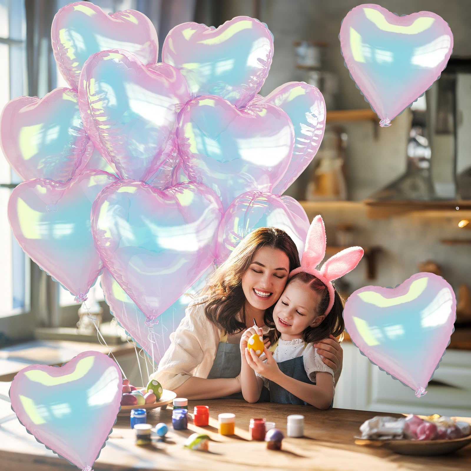 TAOYE Iridescent Heart Balloons — 9pc 18in Transparent Rainbow Heart Foil Balloons