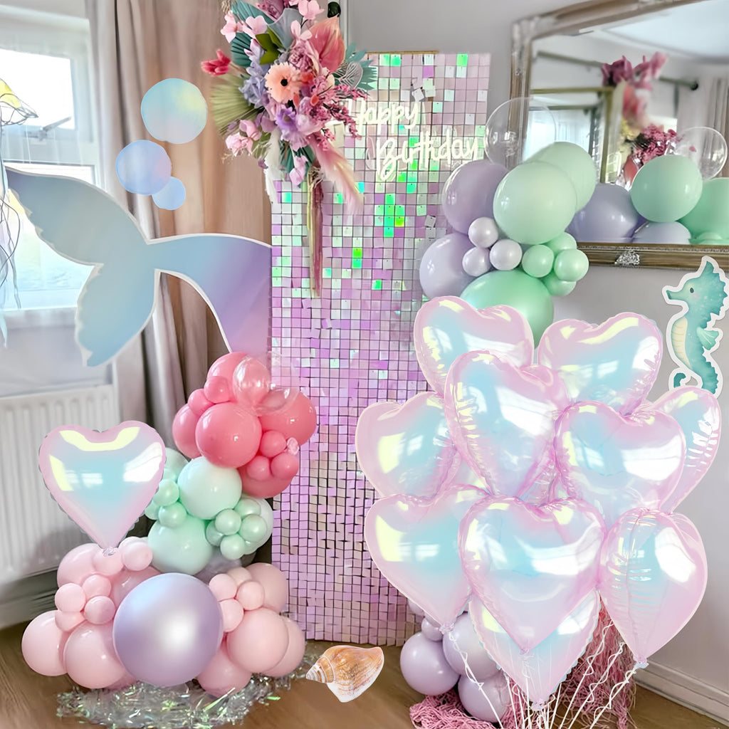 TAOYE Iridescent Heart Balloons — 9pc 18in Transparent Rainbow Heart Foil Balloons