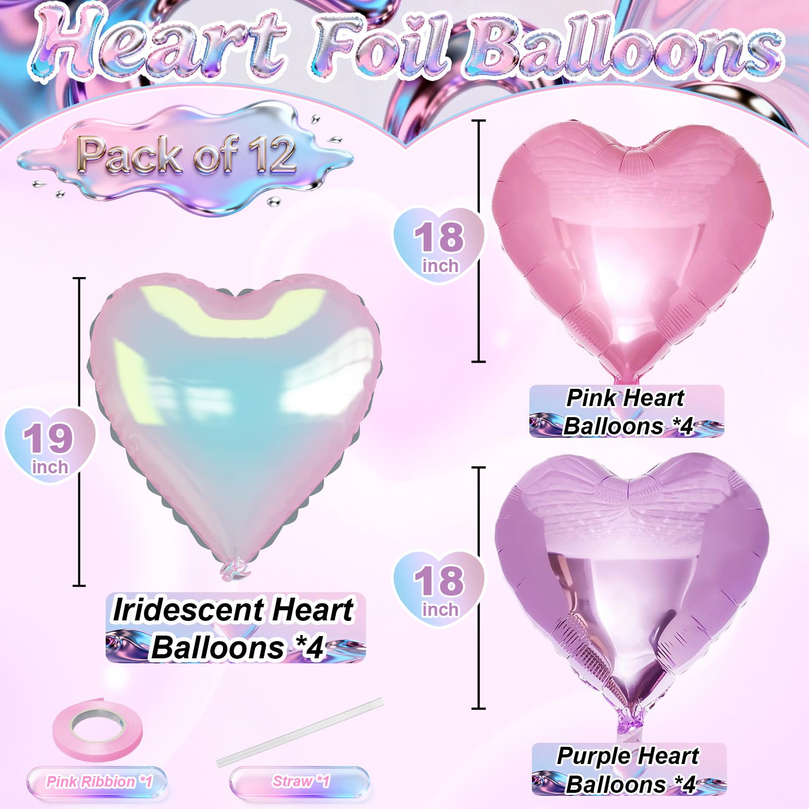 TAOYE Pink Purple Iridescent Heart Balloons – 12-Piece Pastel Foil Hearts for Party Decor
