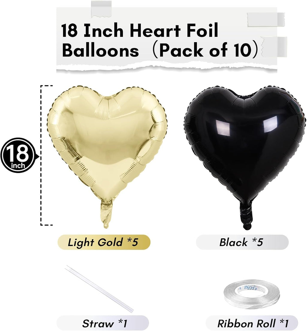 TAOYE Black Gold Foil Heart Balloons – 18 Inch, 10 Pcs (Light Gold & Black Hearts)