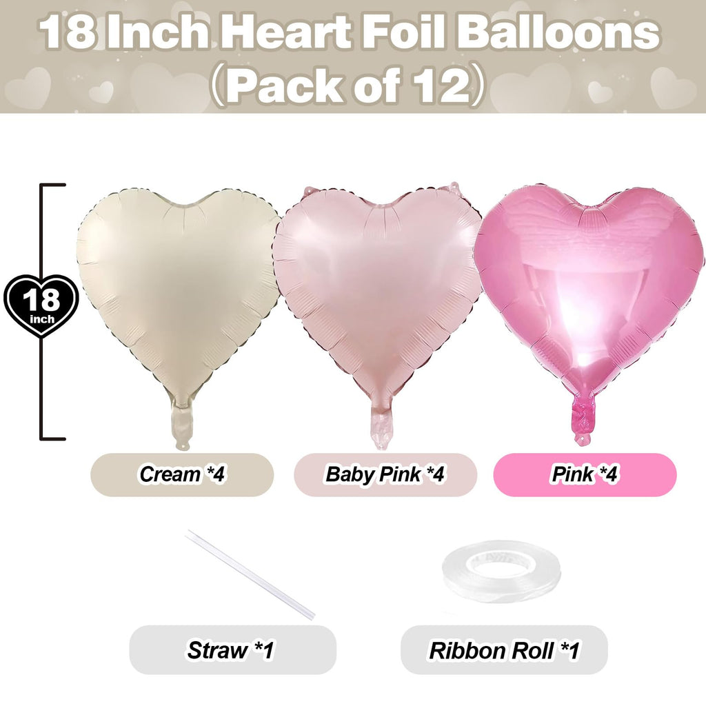 TAOYE Pink White Heart Balloons – 12 Pack 18in Pastel Foil Heart Balloons for Birthday, Baby Shower, Wedding
