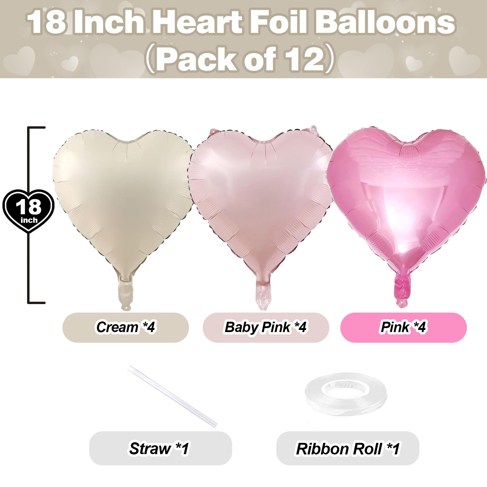 TAOYE Pink White Heart Balloons – 12 Pack 18in Pastel Foil Heart Balloons for Birthday, Baby Shower, Wedding