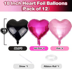 TAOYE Pink & Black Heart Foil Balloons – 12 Pack, 18in Hearts for Parties