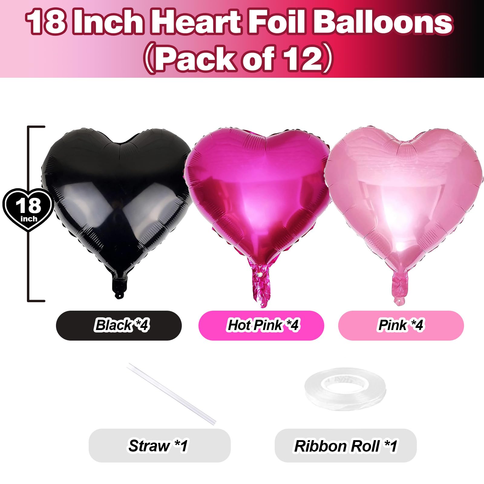 TAOYE Pink & Black Heart Foil Balloons – 12 Pack, 18in Hearts for Parties