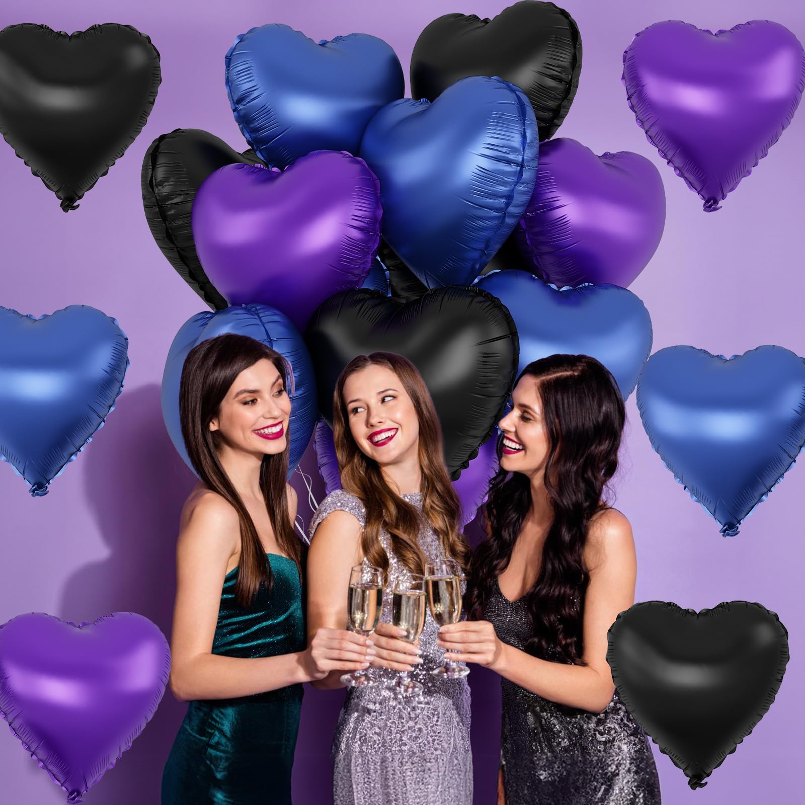 TAOYE 12-Pack 18-Inch Blue Purple Black Heart Foil Balloons - Party Decorations