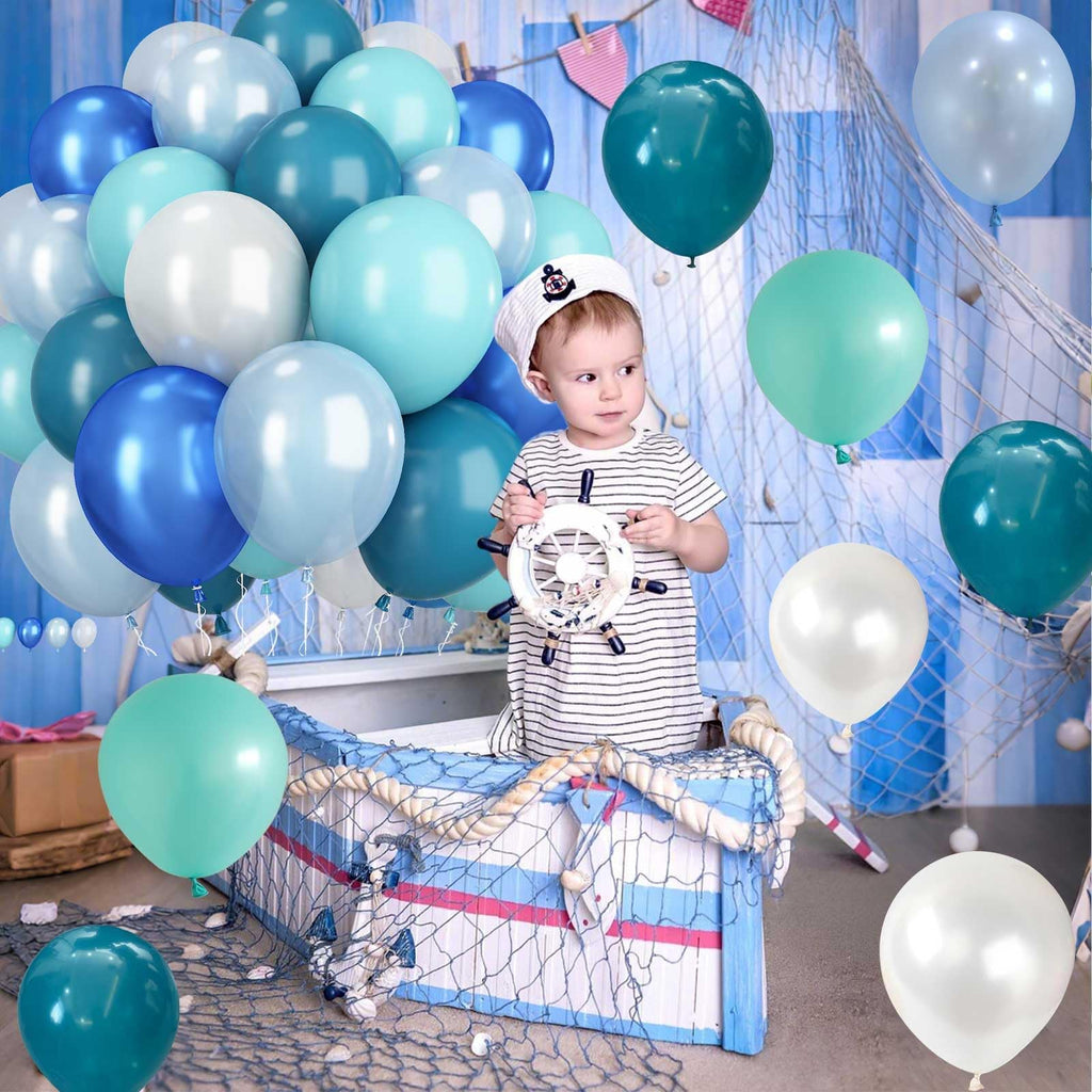 TAOYE Teal Blue & White 12in Balloons – Under the Sea Ocean Party Decor