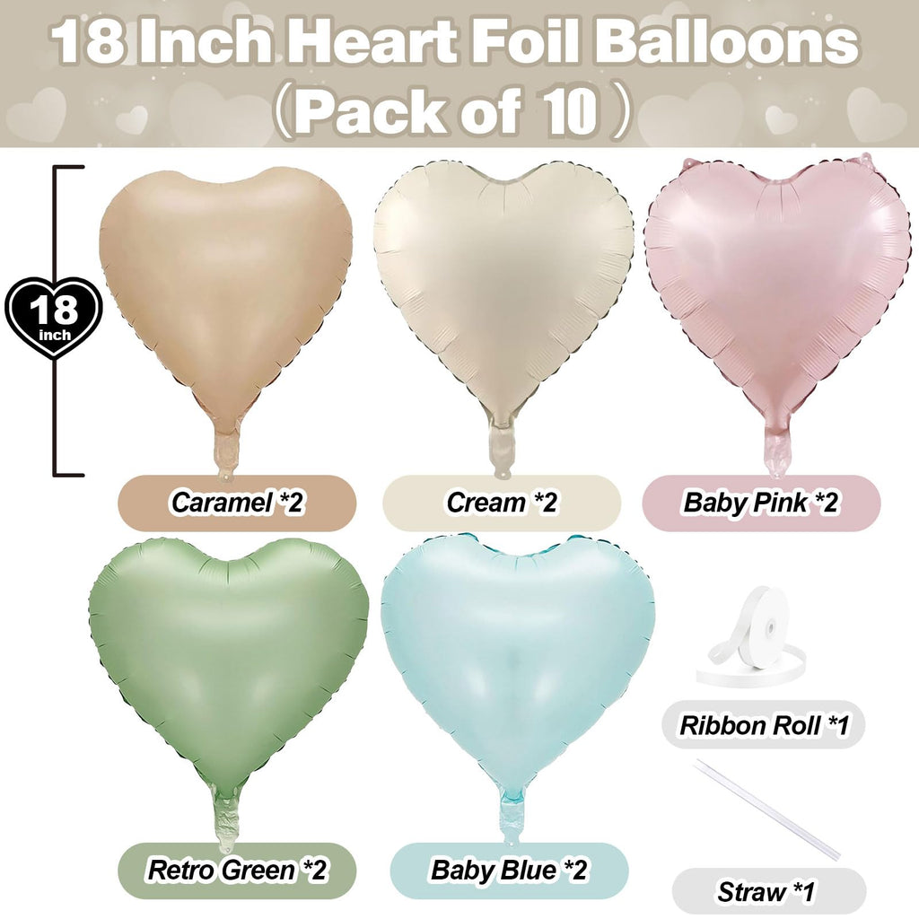 TAOYE Pastel Colorful Heart Foil Balloons – 10 Pack, 18-Inch Rainbow Hearts
