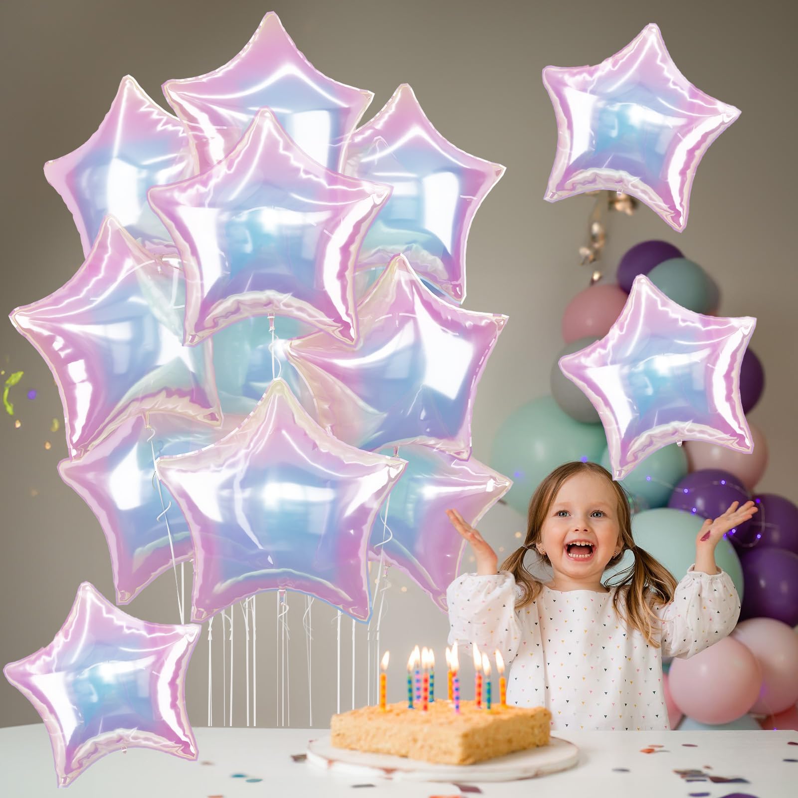 TAOYE Iridescent Star Balloons 18in – 9pc Gradient Crystal Foil Stars for Party Decor
