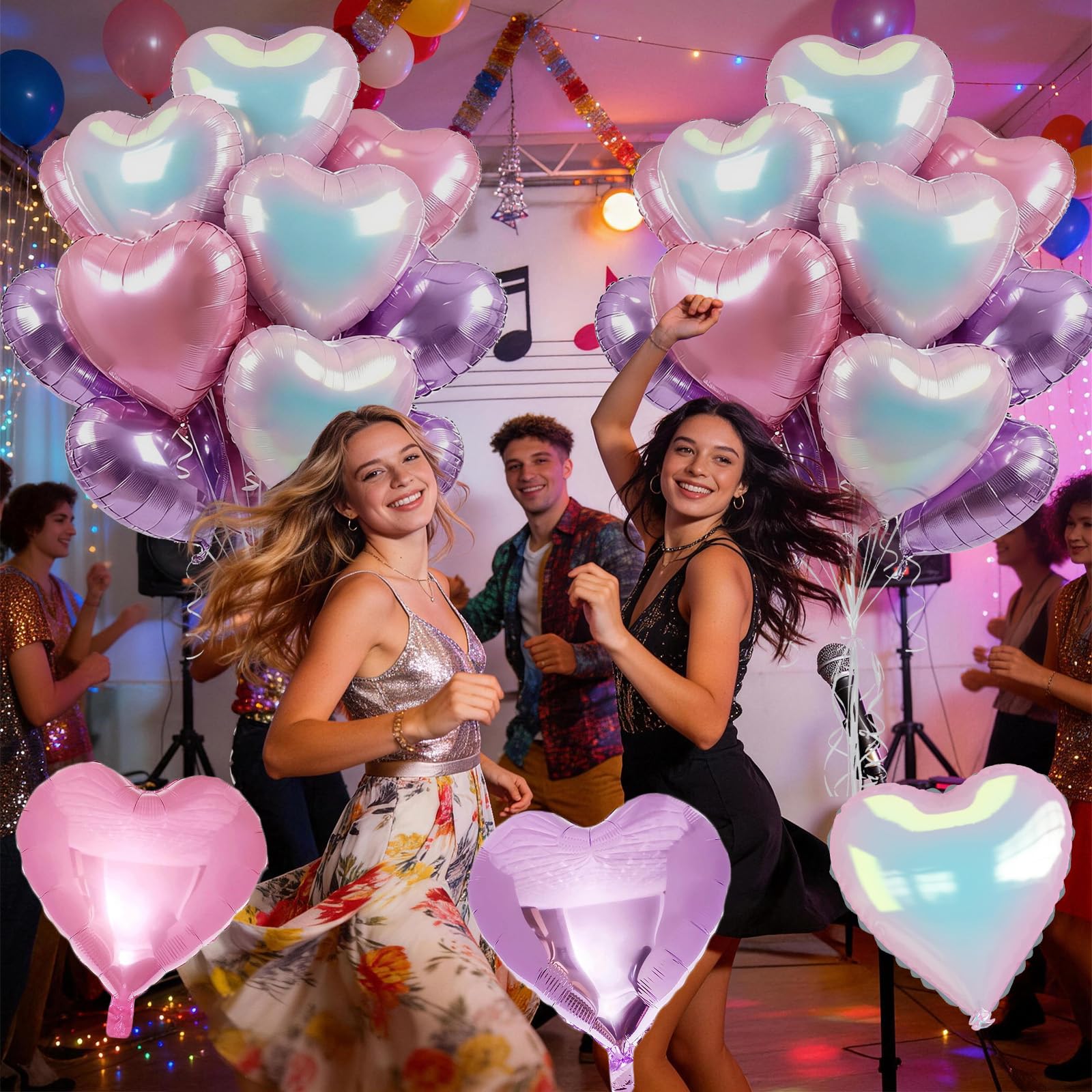 TAOYE Pink Purple Iridescent Heart Balloons – 12-Piece Pastel Foil Hearts for Party Decor