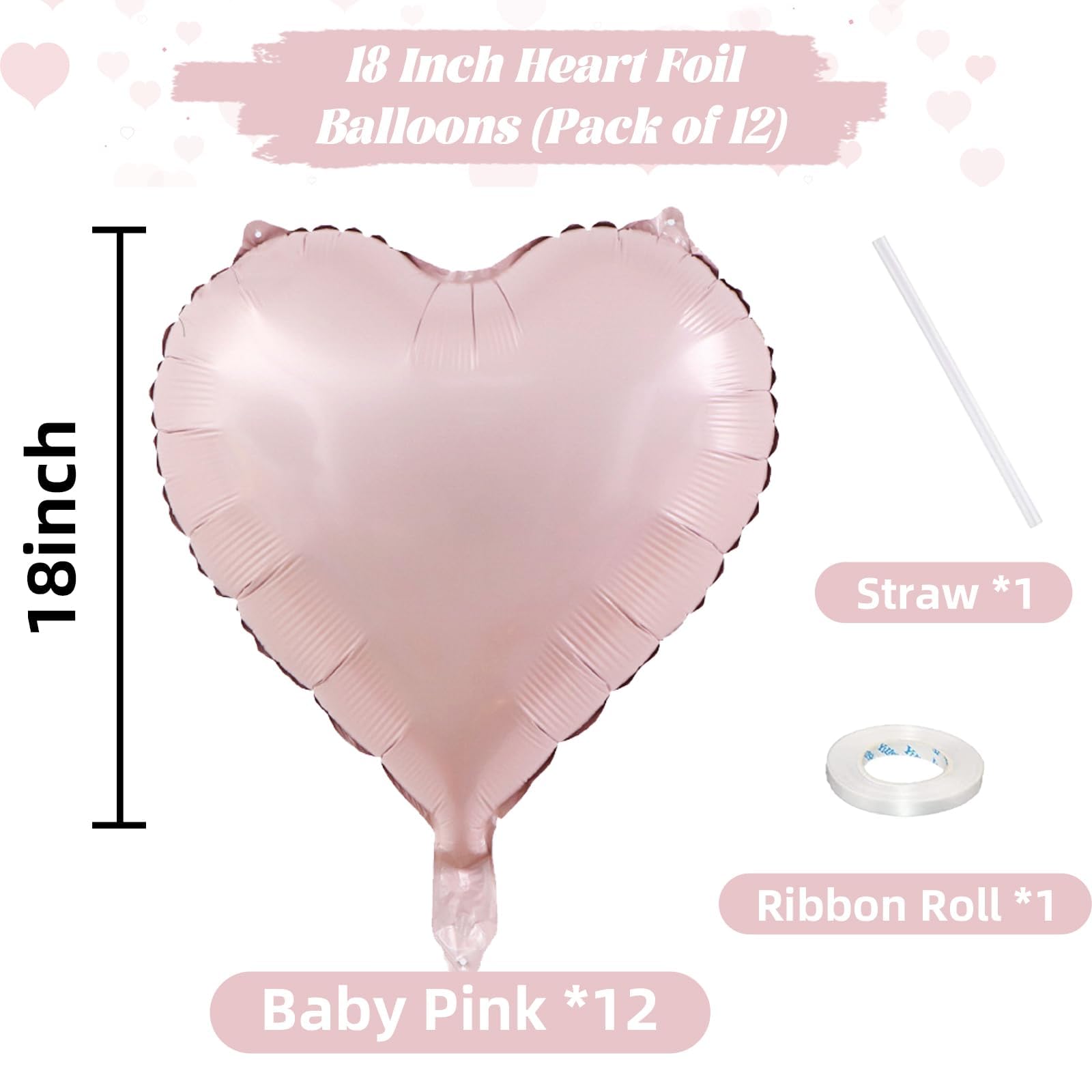 TAOYE Baby Pink Heart Balloons 18-Inch 12-Pack Pearl Mylar Hearts – Birthday, Wedding, Baby Shower