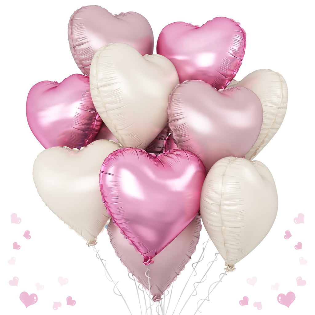 TAOYE Pink White Heart Balloons – 12 Pack 18in Pastel Foil Heart Balloons for Birthday, Baby Shower, Wedding