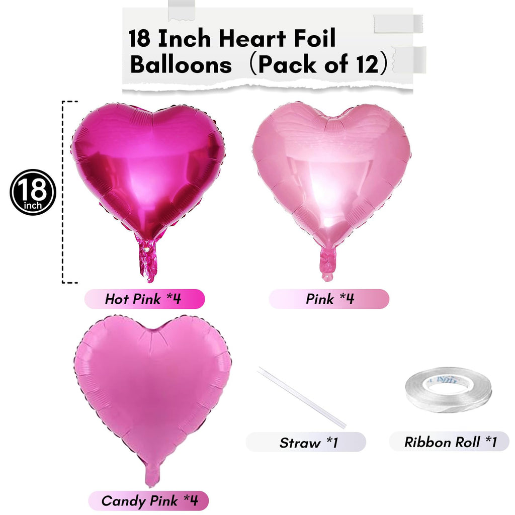 TAOYE Pink Mixed Heart Balloons 18in – 12pc Foil Heart Decorations