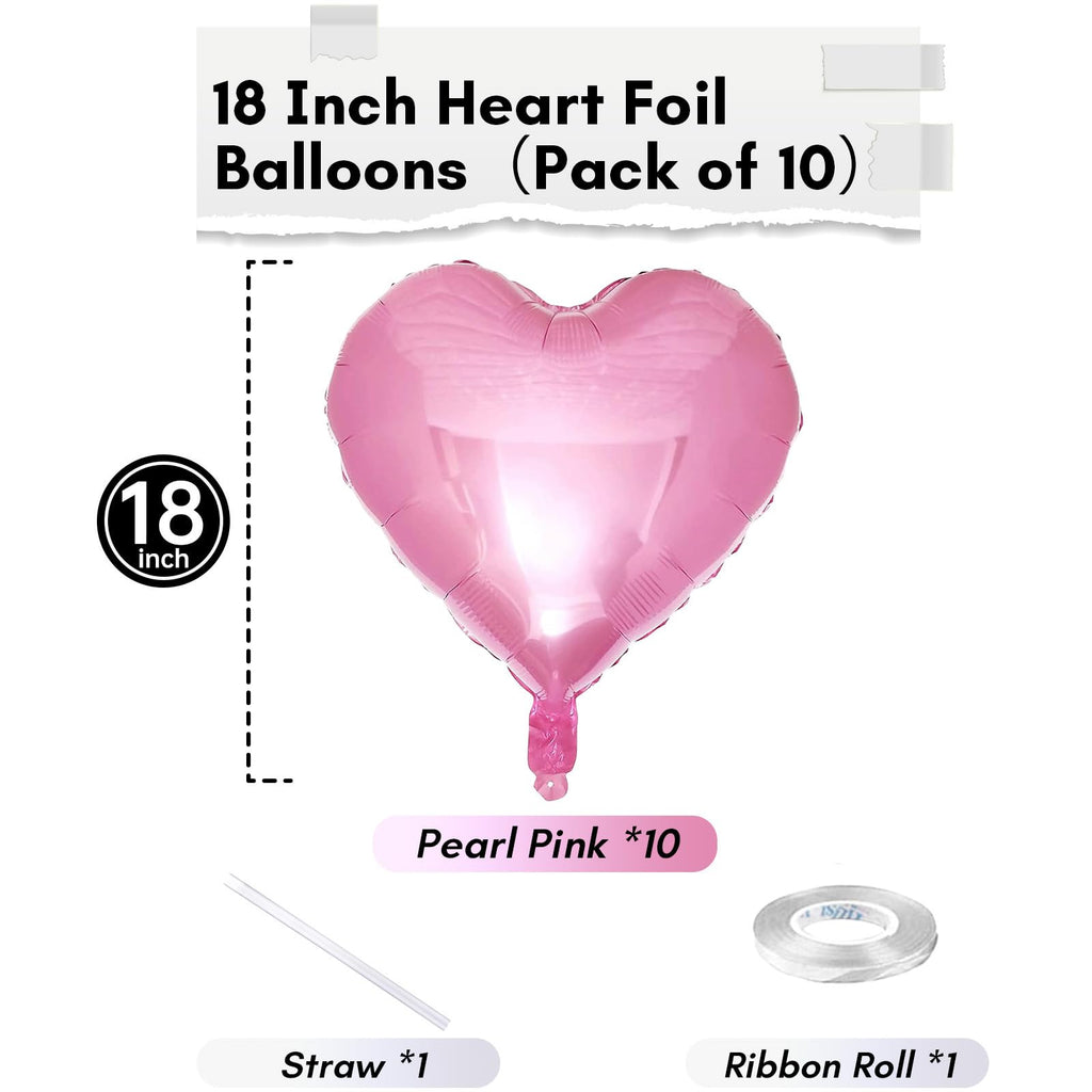 TAOYE Pink Heart Foil Balloons, 18-Inch, 10-Pack — Ideal for Weddings, Birthdays, Baby Showers