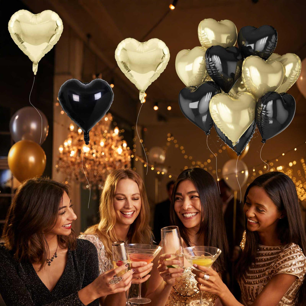 TAOYE Black Gold Foil Heart Balloons – 18 Inch, 10 Pcs (Light Gold & Black Hearts)