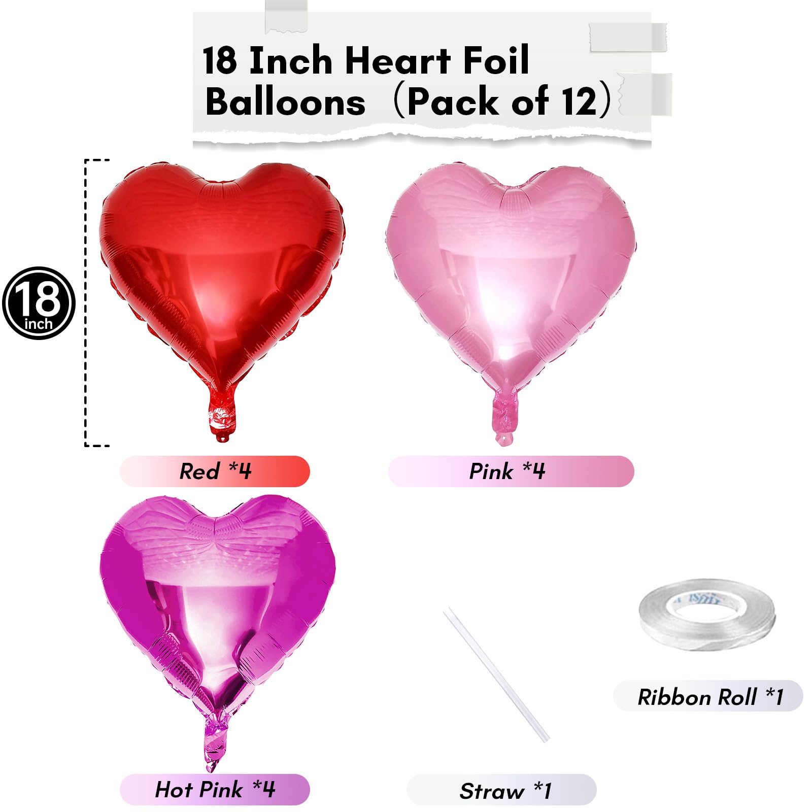 TAOYE Hot Pink Foil Heart Balloons – 12pc 18" Mylar Hearts for Birthdays, Weddings & Valentine Decor