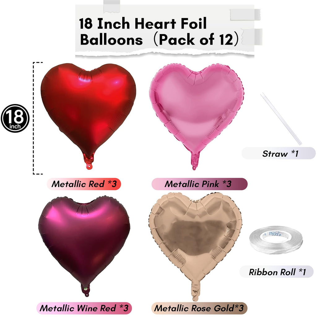 TAOYE Wine Red Heart Balloons – 18-Inch Foil Hearts, 12-Count Burgundy, Red, Pink & Rose Gold Party Decor