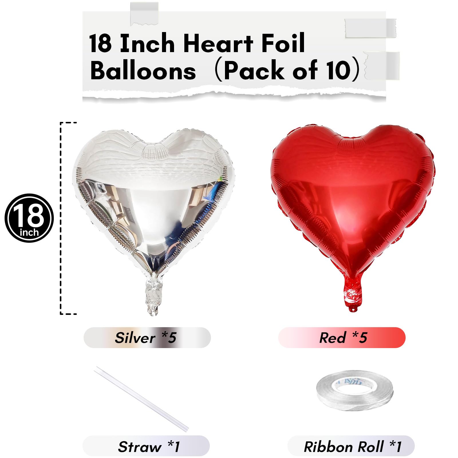 TAOYE Red & Silver Heart Balloons – 18 Inch Foil Hearts, Pack of 10