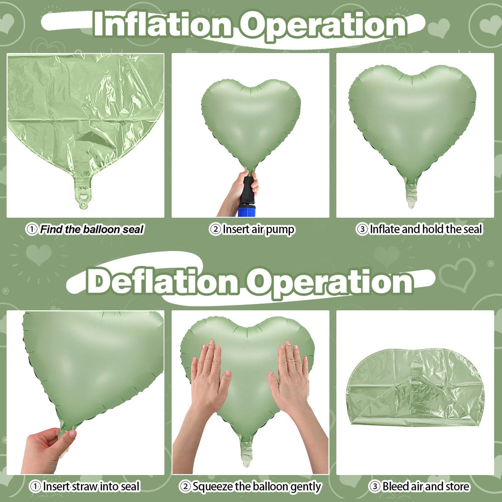 TAOYE Sage Green Heart Foil Balloons — 10-Pack Olive/Light Green Mylar Balloons for Parties