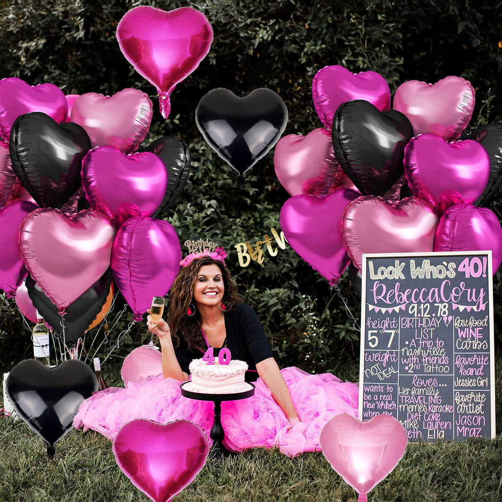 TAOYE Pink & Black Heart Foil Balloons – 12 Pack, 18in Hearts for Parties