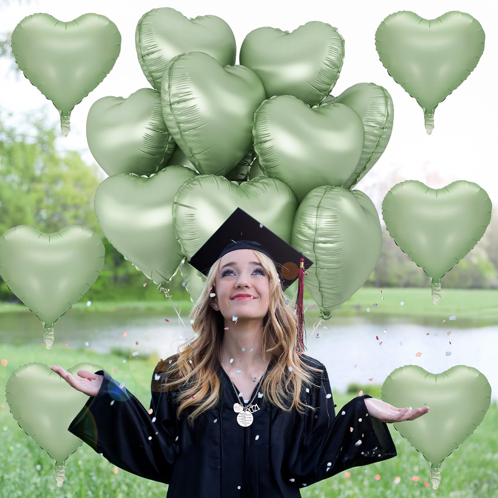 TAOYE Sage Green Heart Foil Balloons — 10-Pack Olive/Light Green Mylar Balloons for Parties