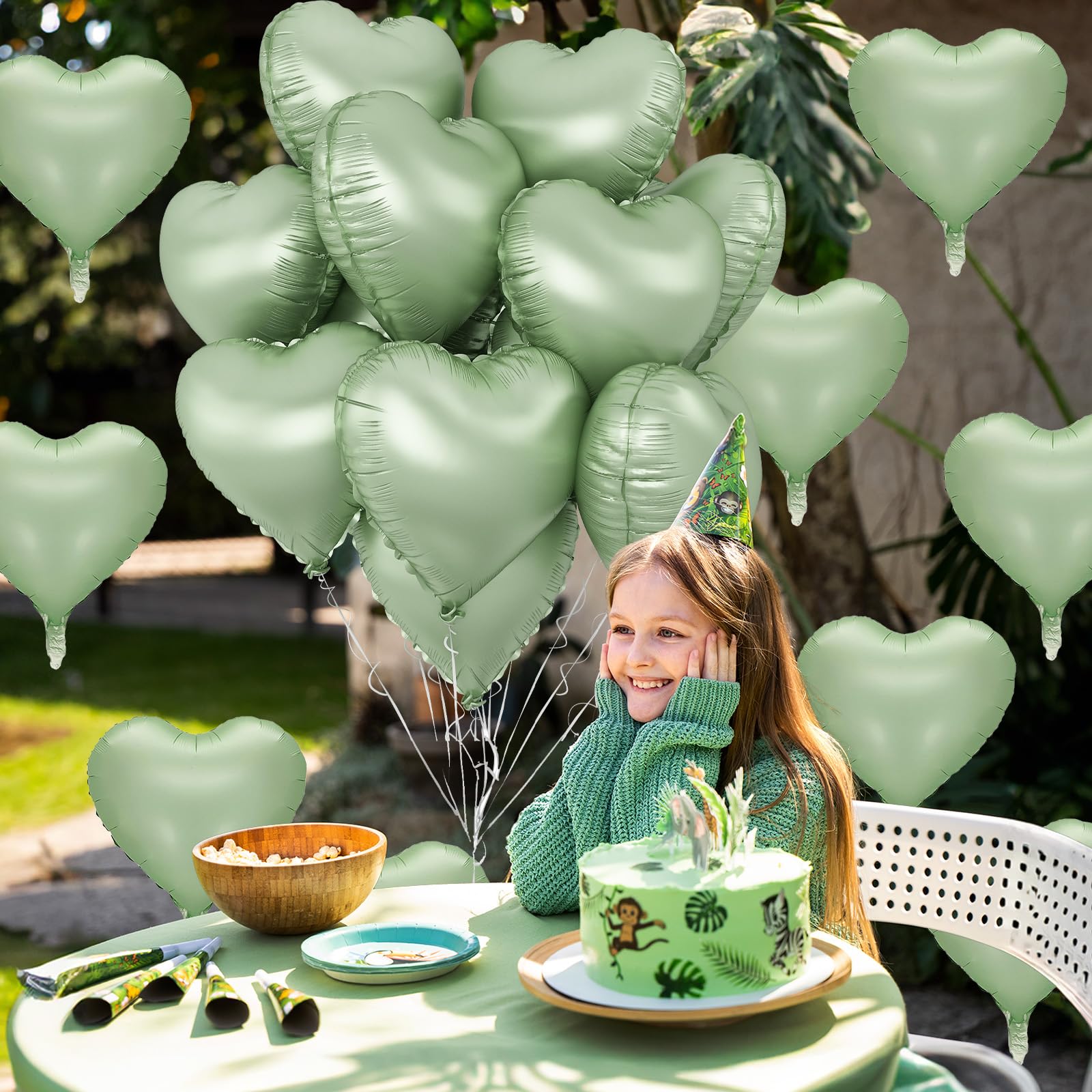 TAOYE Sage Green Heart Foil Balloons — 10-Pack Olive/Light Green Mylar Balloons for Parties