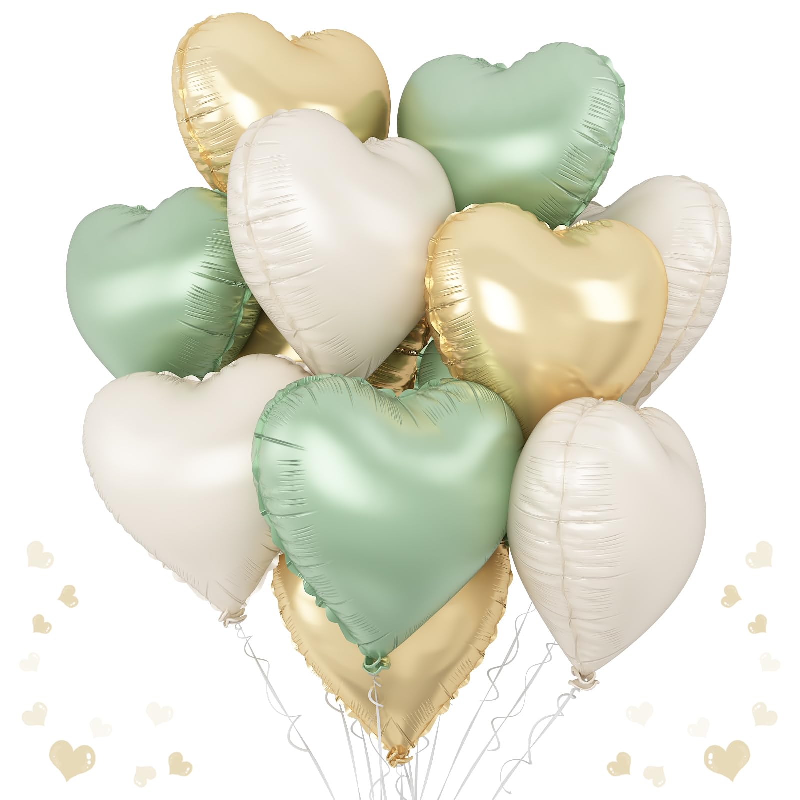 TAOYE Sage Green Gold Heart Balloons - 12 Pack, 18in Heart Foil Decor