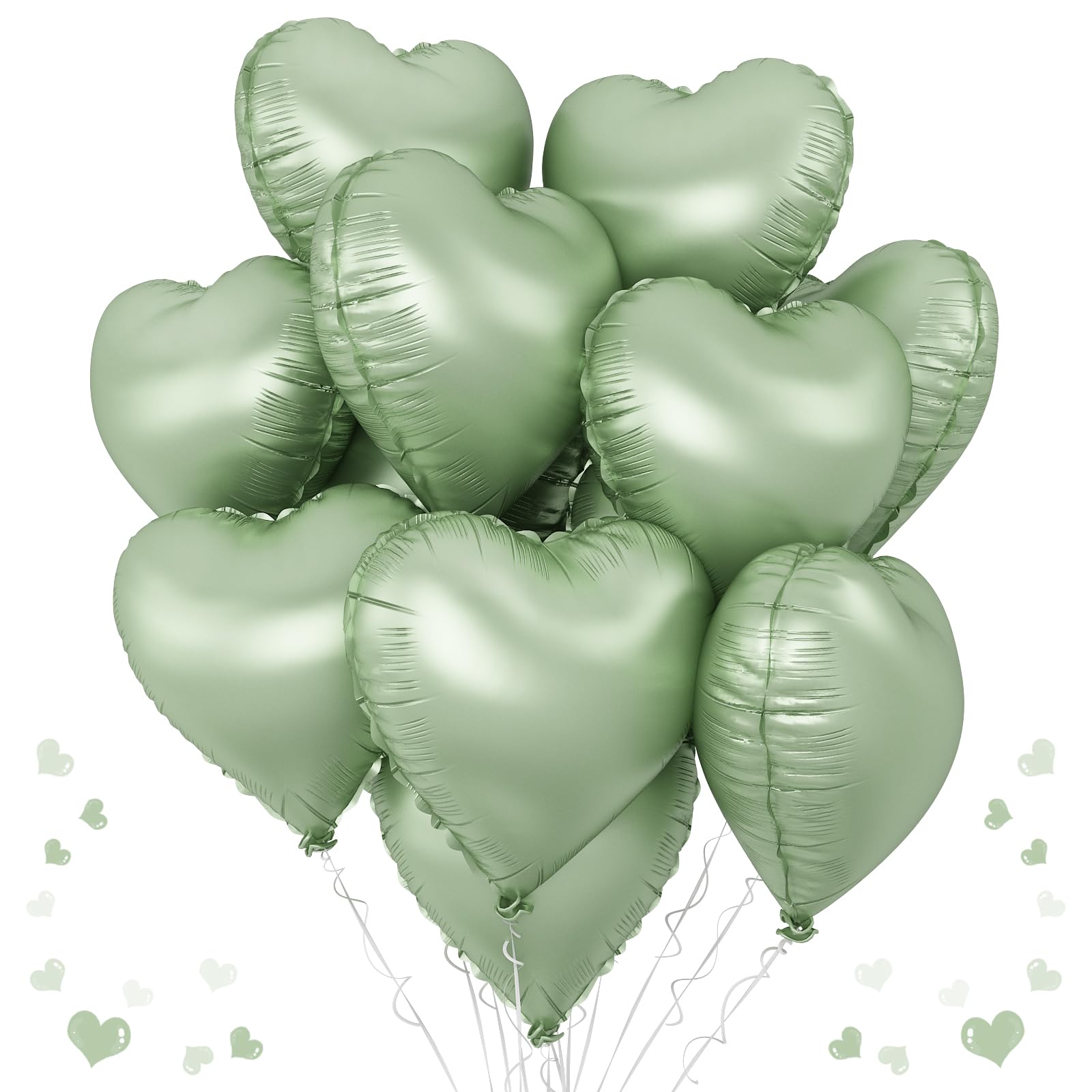 TAOYE Sage Green Heart Foil Balloons — 10-Pack Olive/Light Green Mylar Balloons for Parties