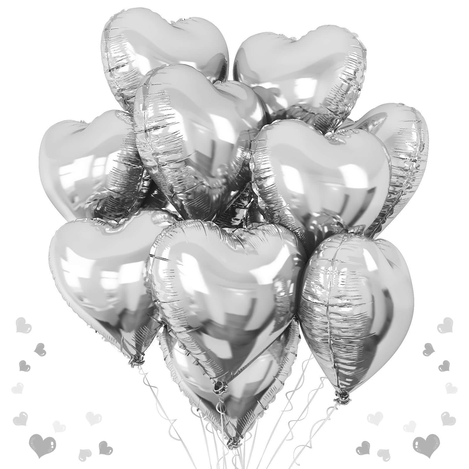 TAOYE Silver Heart Foil Balloons – 10 Pack, 18-Inch Mylar Balloons for Birthday, Valentine, Wedding & Party Decor
