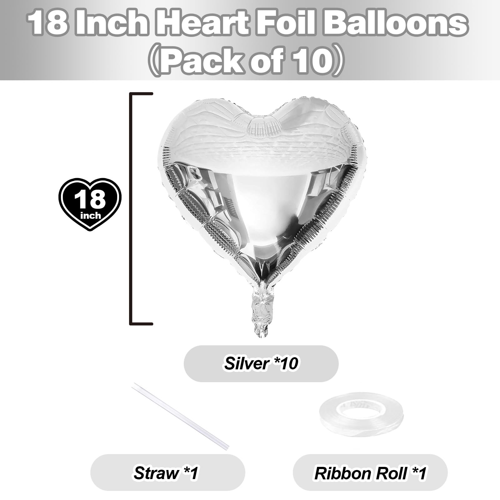 TAOYE Silver Heart Foil Balloons – 10 Pack, 18-Inch Mylar Balloons for Birthday, Valentine, Wedding & Party Decor