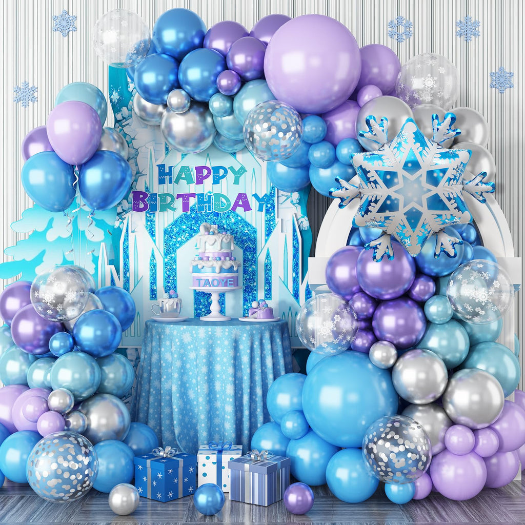 TAOYE Snowflake Balloon Arch Kit – Metallic Blue Purple Silver Balloons for Winter Wonderland Party