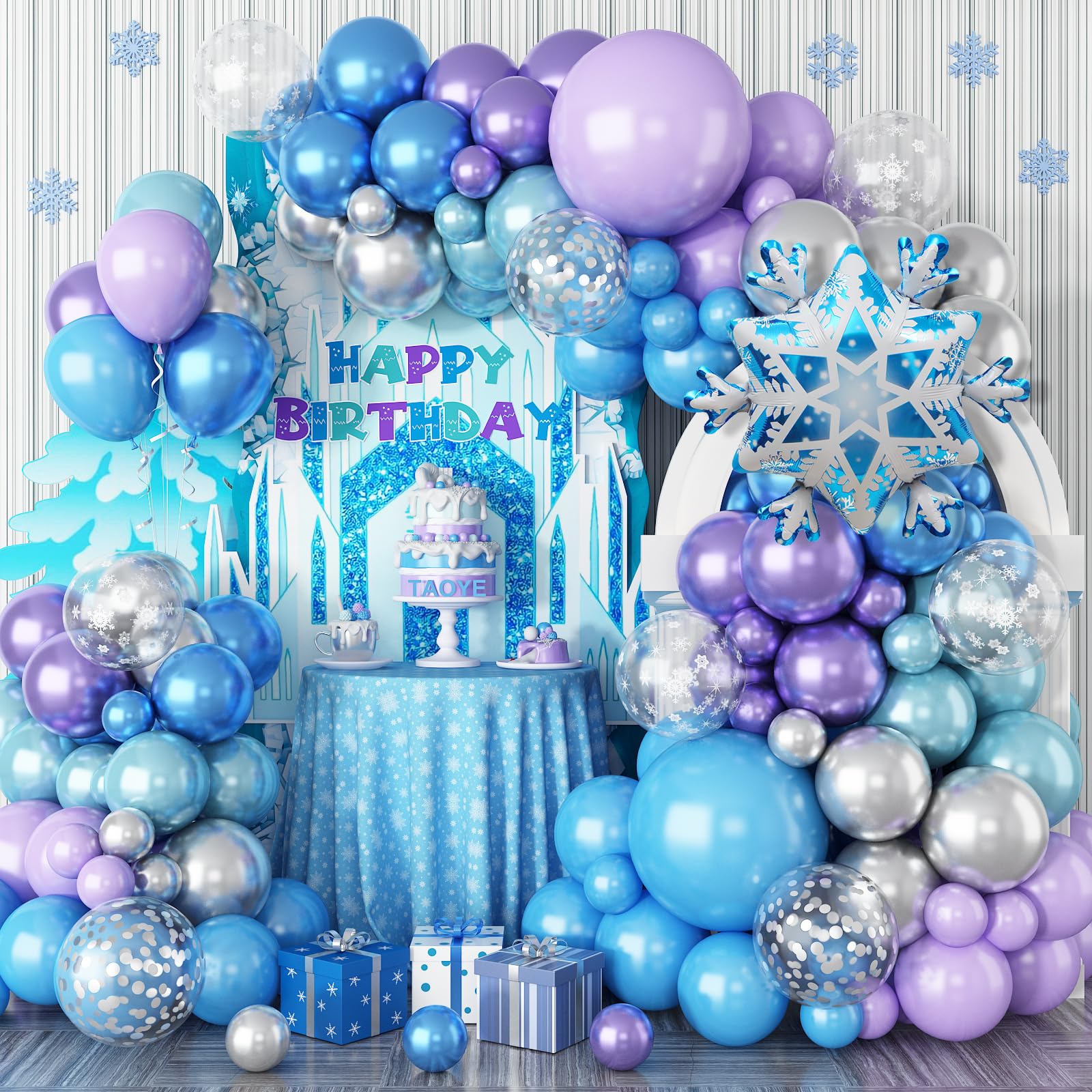 TAOYE Snowflake Balloon Arch Kit – Metallic Blue Purple Silver Balloons for Winter Wonderland Party