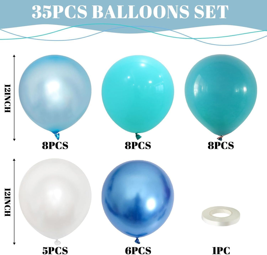 TAOYE Teal Blue & White 12in Balloons – Under the Sea Ocean Party Decor