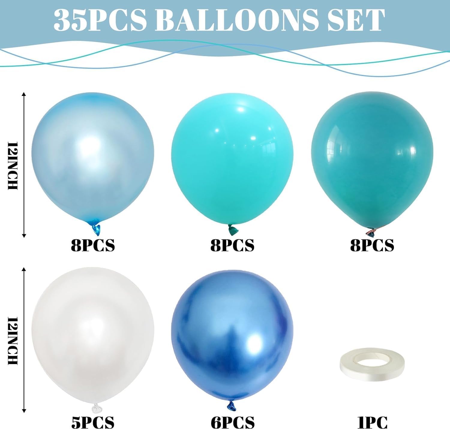 TAOYE Teal Blue & White 12in Balloons – Under the Sea Ocean Party Decor