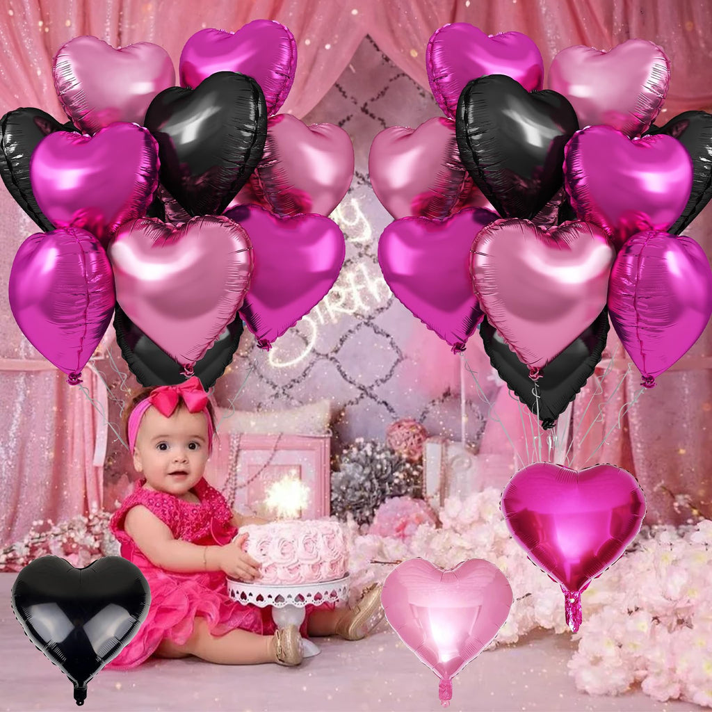 TAOYE Pink & Black Heart Foil Balloons – 12 Pack, 18in Hearts for Parties