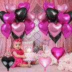 TAOYE Pink & Black Heart Foil Balloons – 12 Pack, 18in Hearts for Parties