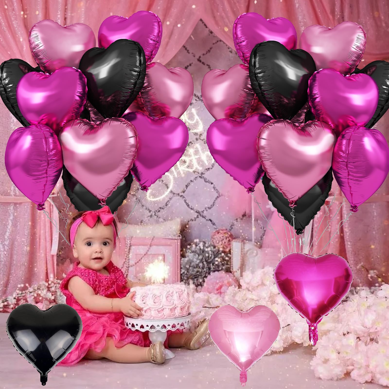 TAOYE Pink & Black Heart Foil Balloons – 12 Pack, 18in Hearts for Parties