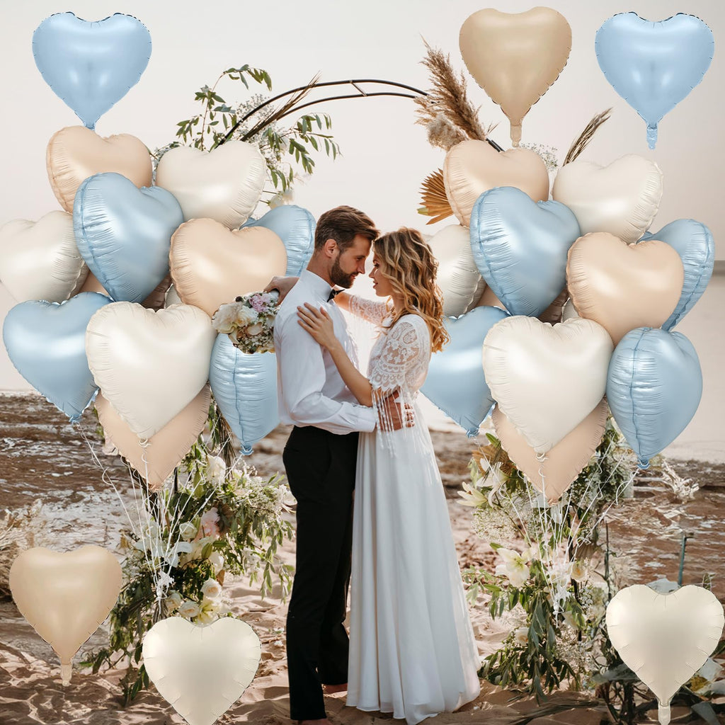 TAOYE Blue Cream Heart Foil Balloons – 12Pcs 18in Hearts in Blue, Cream, Apricot & White for Boho Birthdays, Baby Showers & Weddings