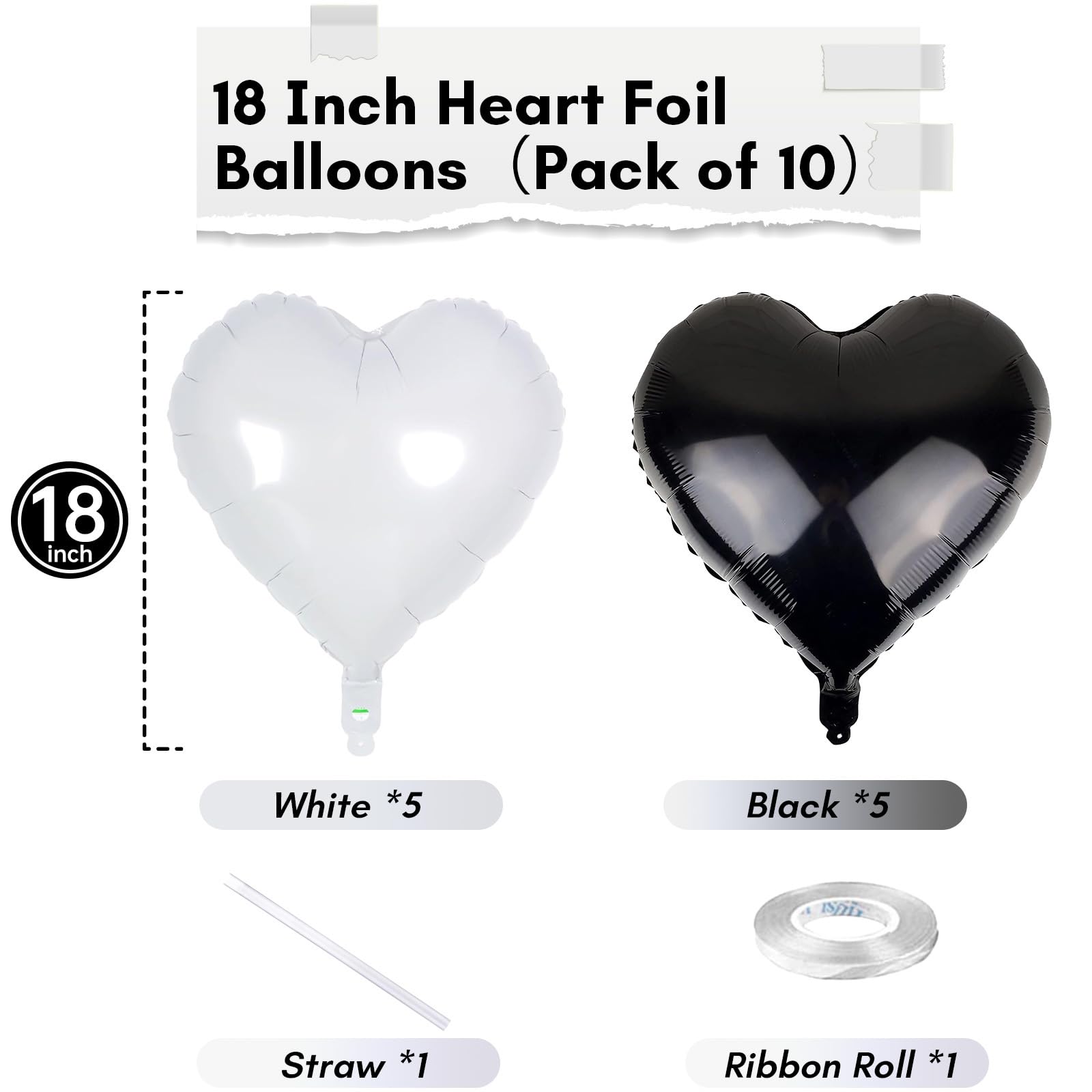 TAOYE Black White Heart Balloons – 18-Inch Matte Foil Heart Set for Party Decor