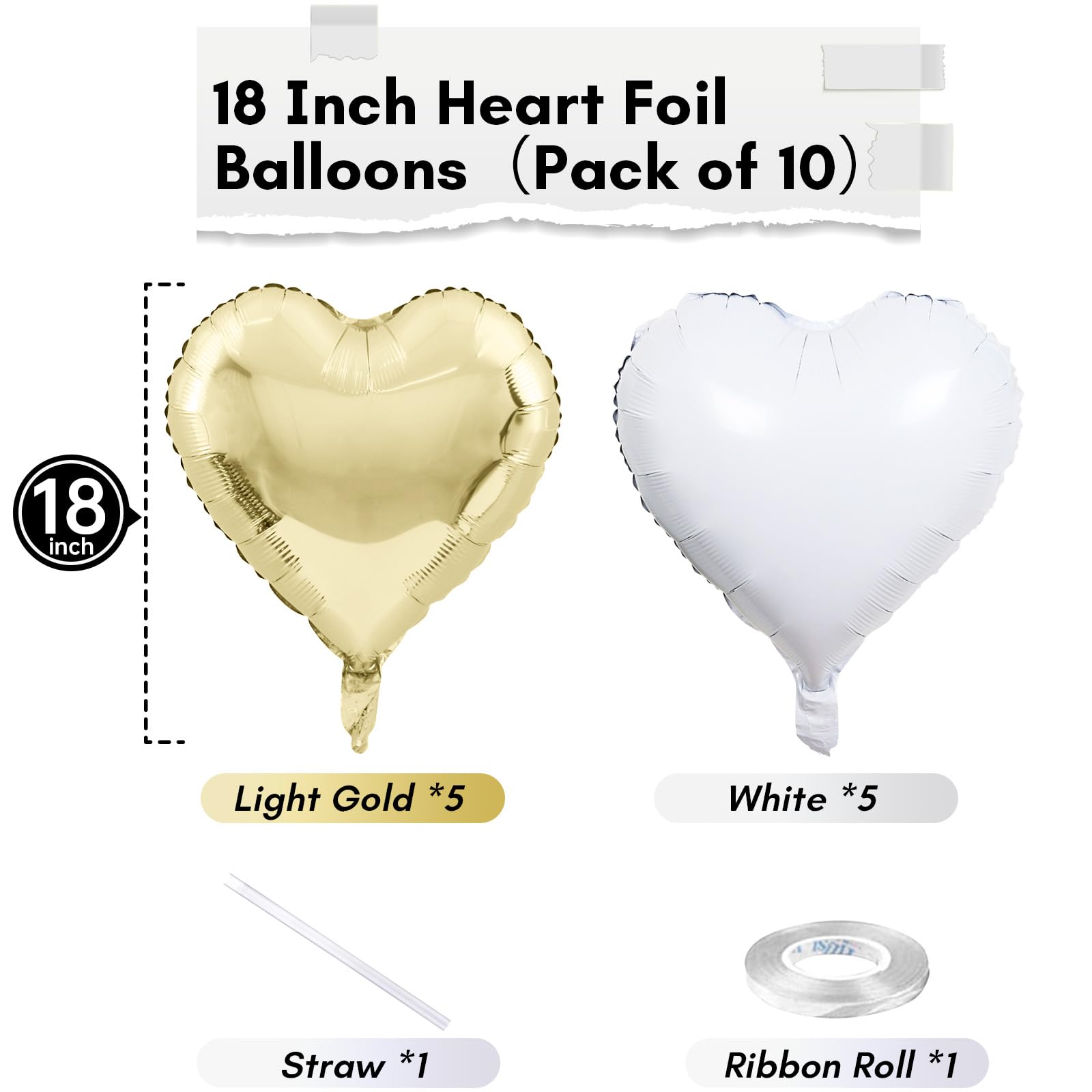 TAOYE Gold White Heart Foil Balloons – 18in, 10pcs for Parties