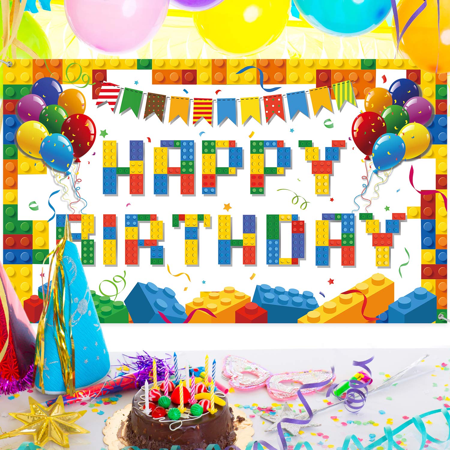 Tatuo Building Block Happy Birthday Backdrop - Colorful Block Party Banner 72.8 x 43.3 in